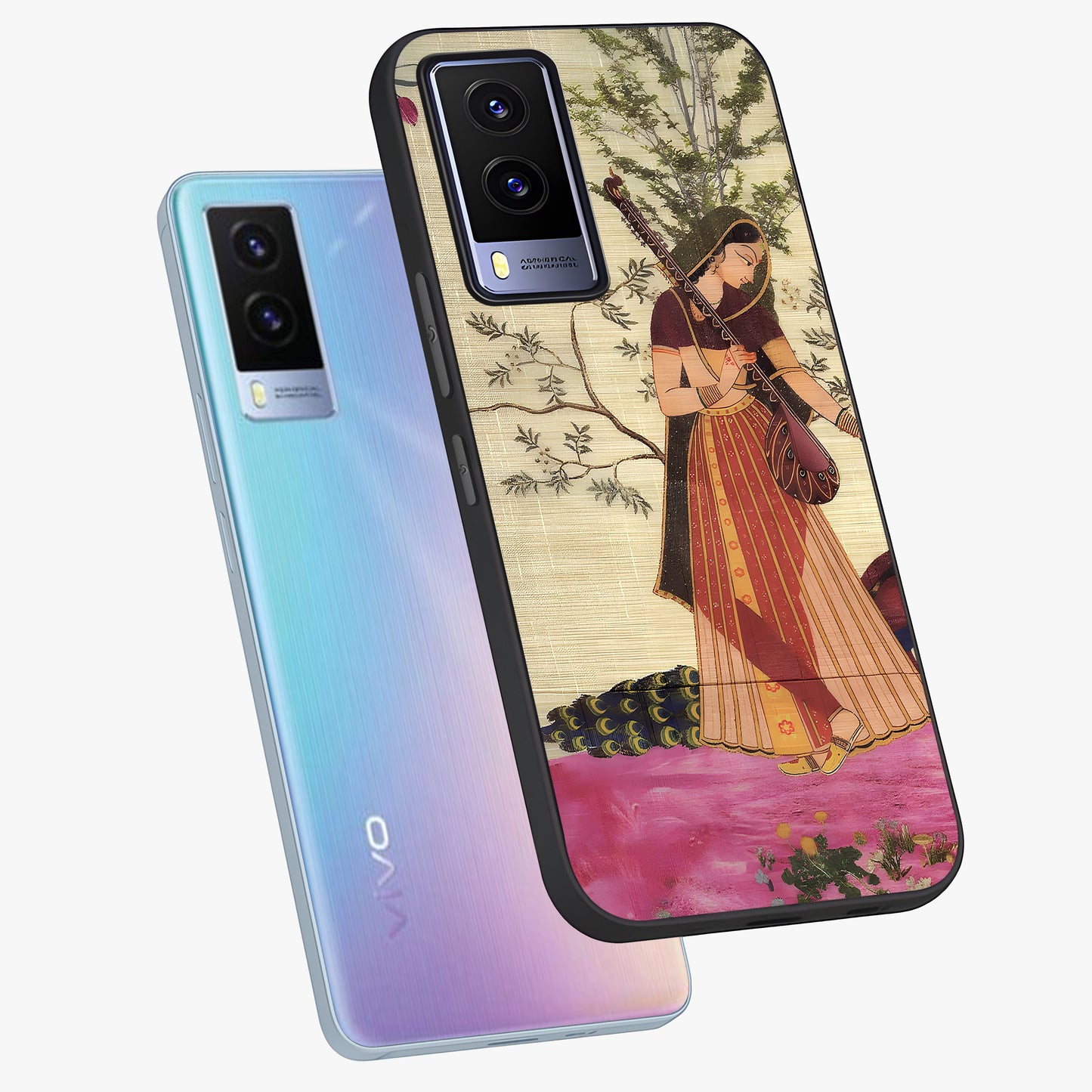 Lady With Veena Art Glass Case displayed in angled mockup highlighting graceful musical illustration with cultural artistic aesthetic.