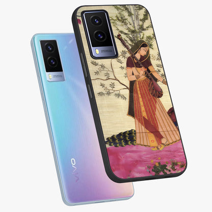 Lady With Veena Art Glass Case displayed in angled mockup highlighting graceful musical illustration with cultural artistic aesthetic.