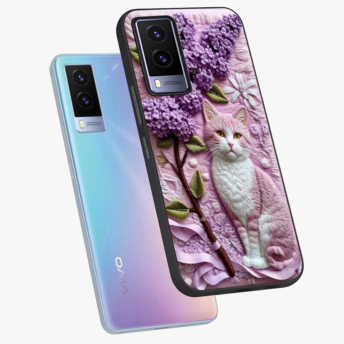 Lavender Cat Whimsy Glass Case displayed in angled mockup highlighting playful feline illustration with pastel lavender aesthetic.