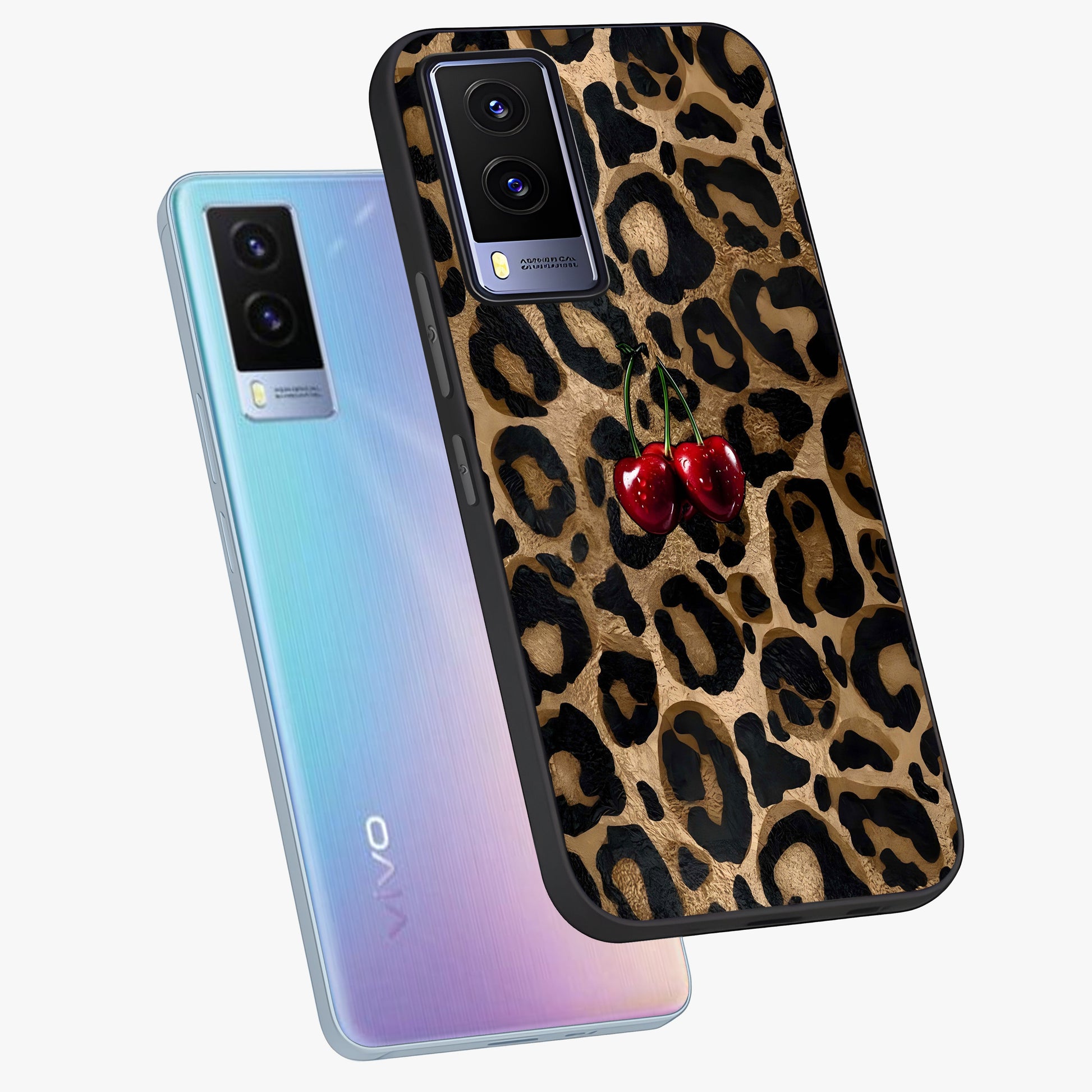Leopard Wild Cherry Glass Case displayed in angled mockup highlighting bold animal print design with playful cherry aesthetic.