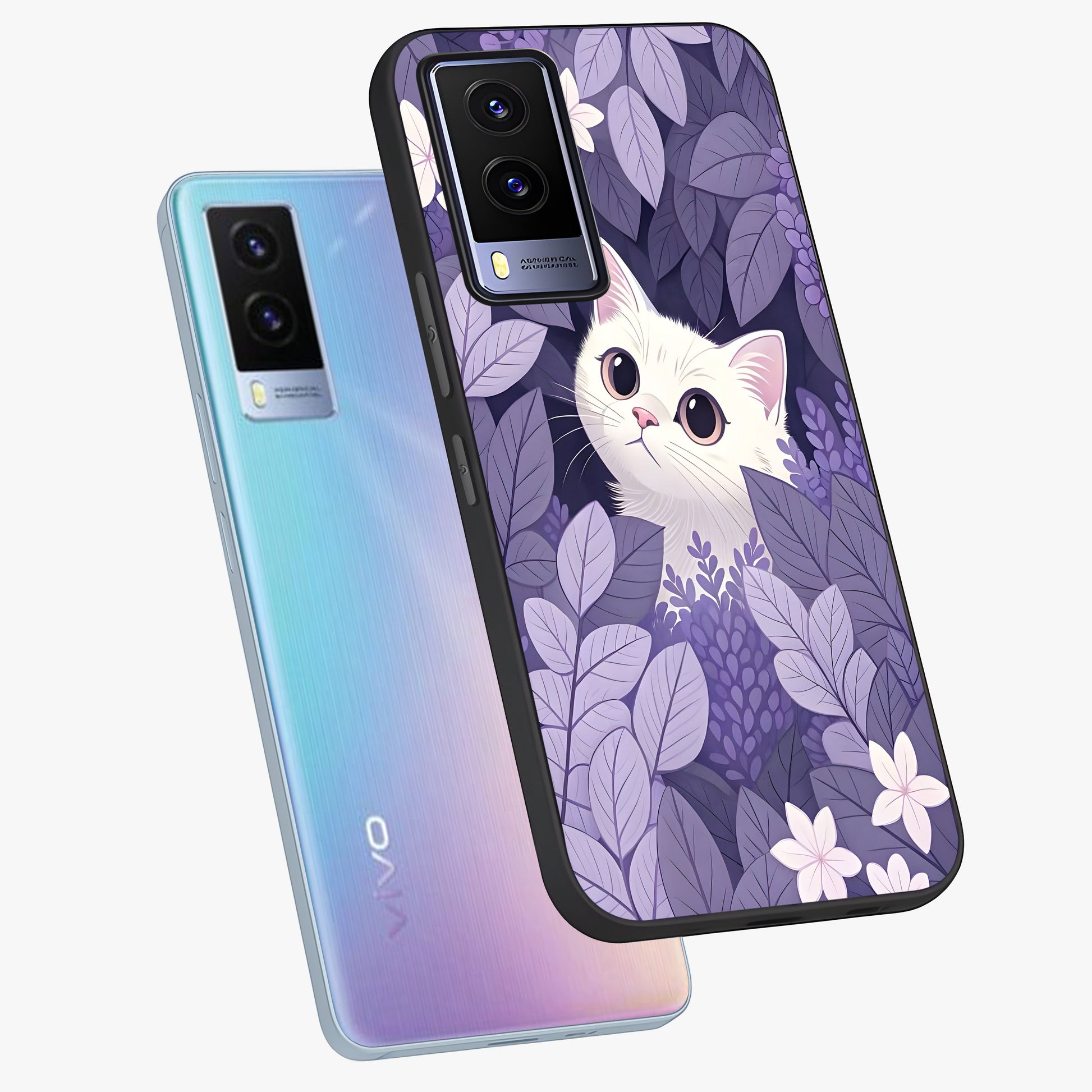 Lilac Hide Peek Cat Glass Case displayed in angled mockup highlighting playful feline illustration with lilac aesthetic design.