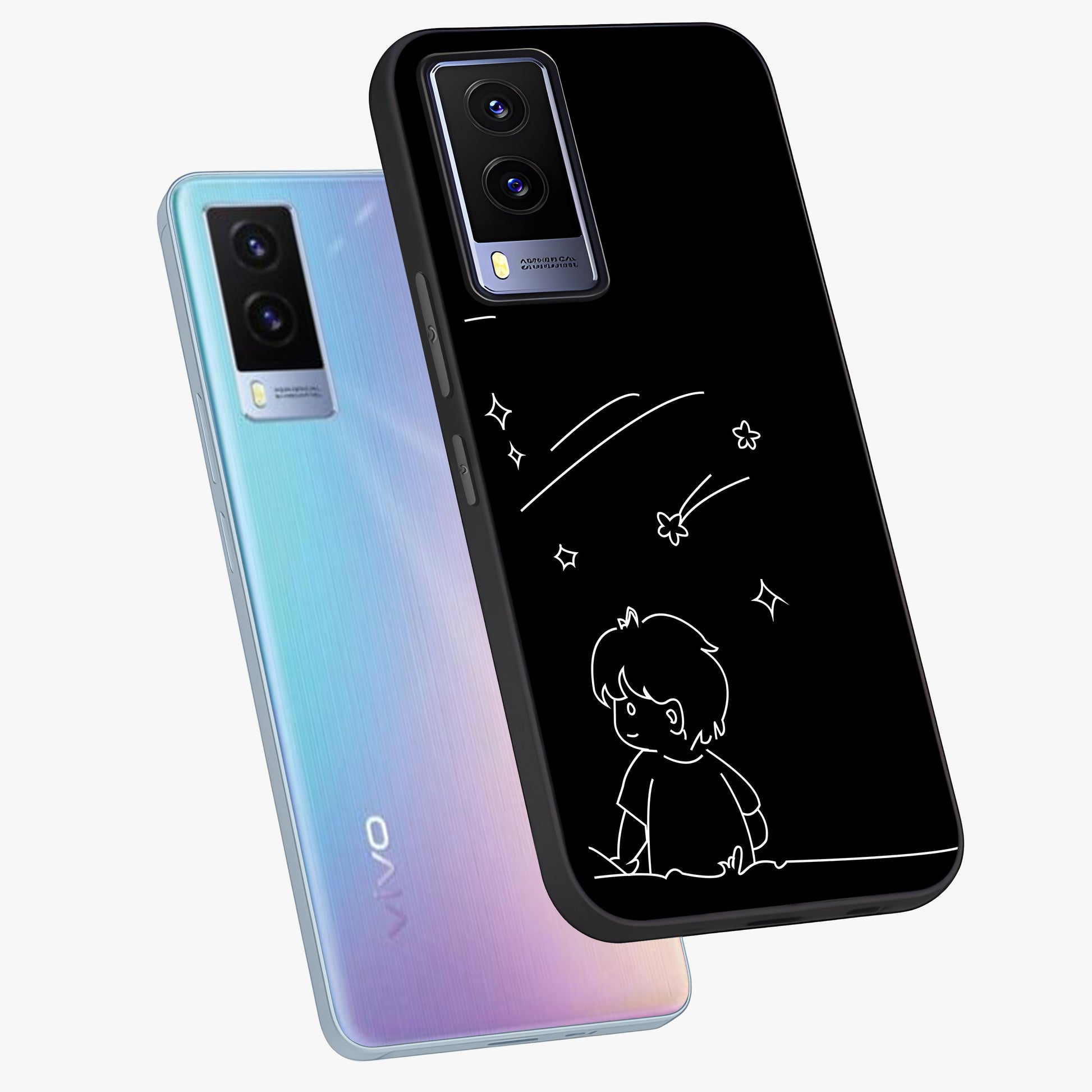 Line Art Boy With Shooting Stars Glass Case displayed in angled mockup highlighting elegant line art design with dreamy star aesthetic.