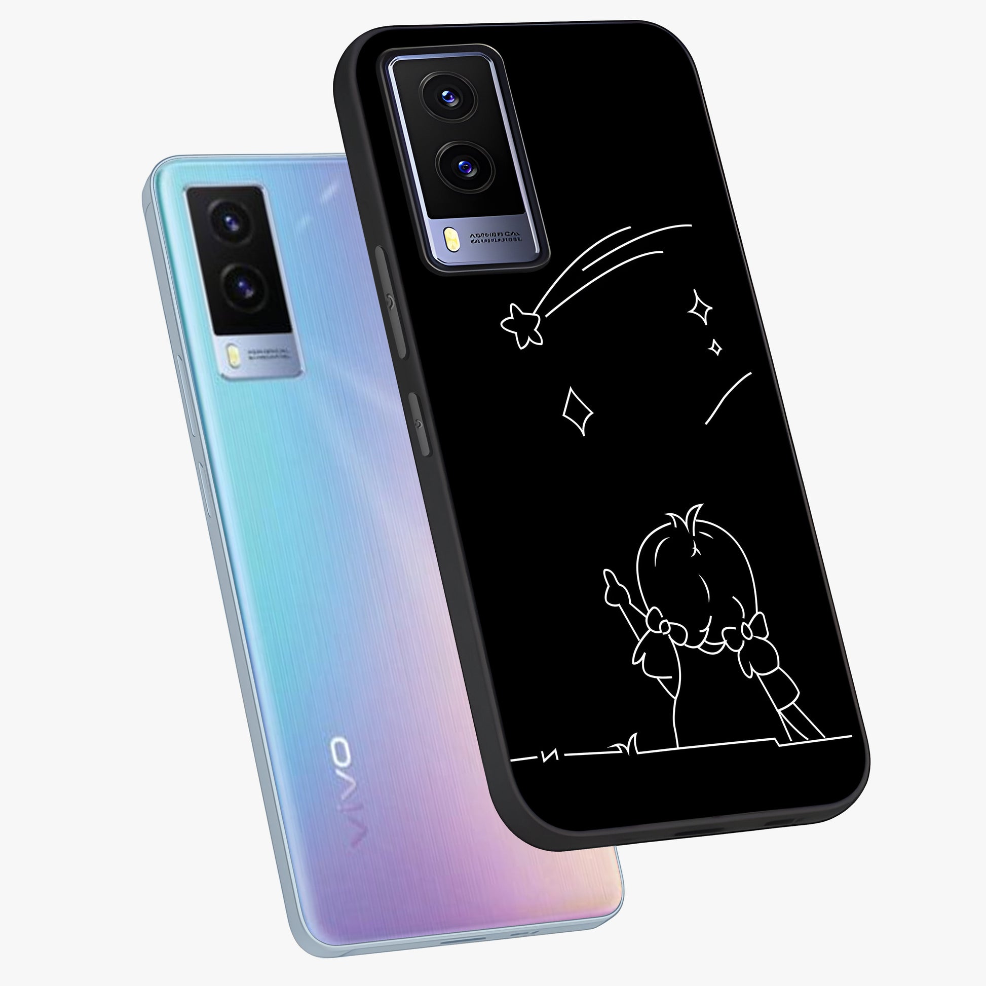 Line Art Girl With Shooting Stars Glass Case displayed in angled mockup highlighting elegant line art design with dreamy star aesthetic.