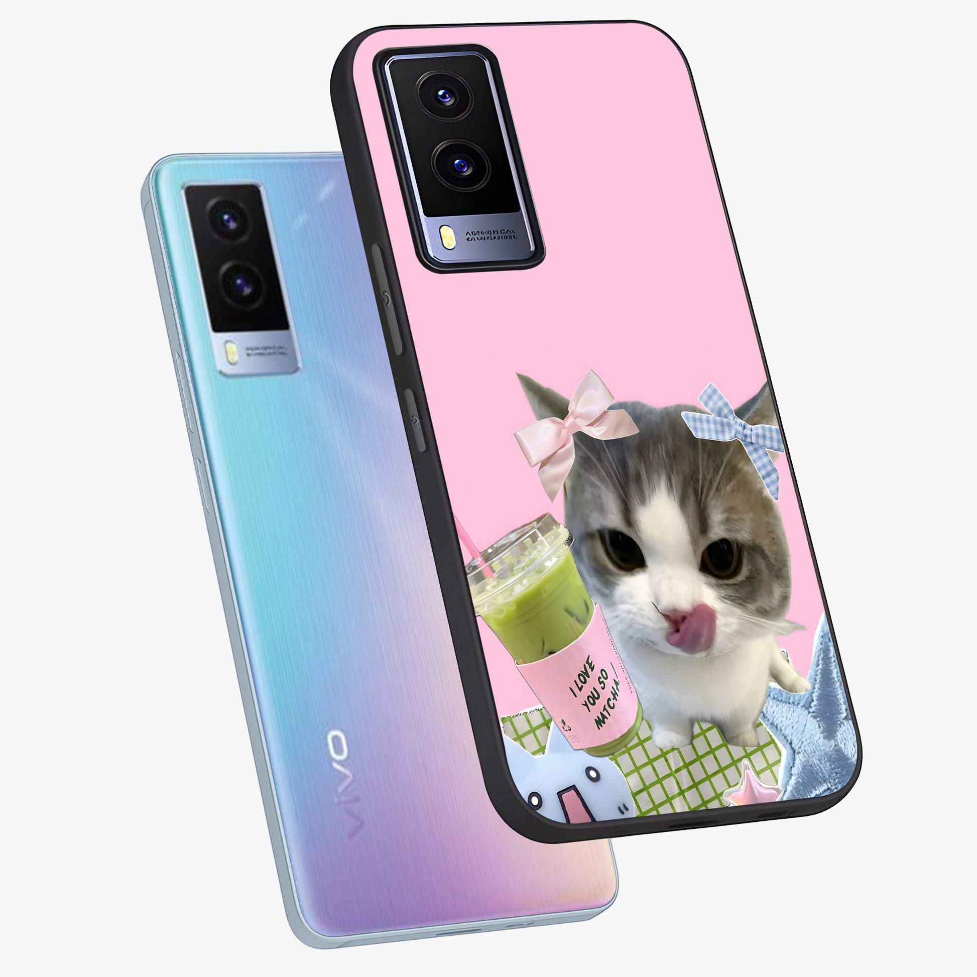 Love Matcha Cat Glass Case displayed in angled mockup highlighting playful feline illustration with cozy matcha aesthetic.