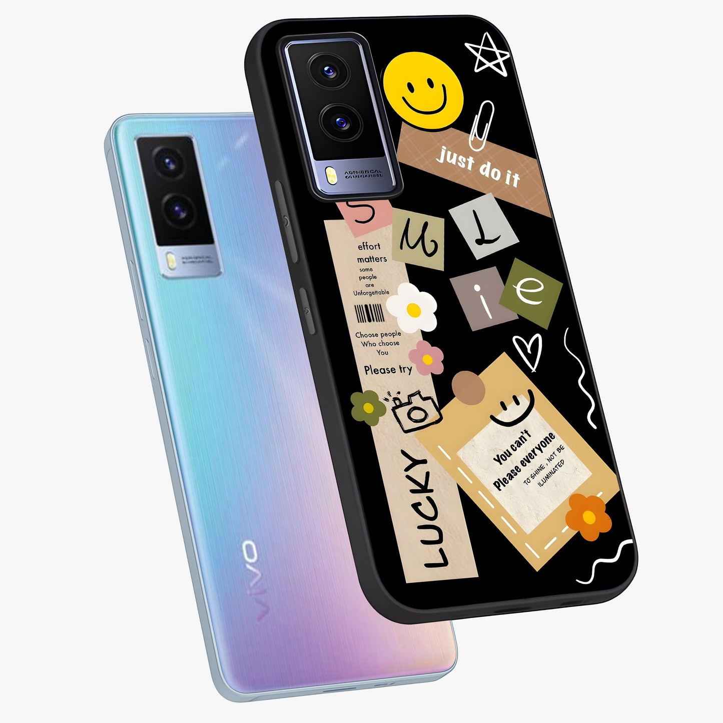 Lucky Aesthetic Collage Glass Case displayed in angled mockup highlighting stylish collage pattern with modern aesthetic vibe.