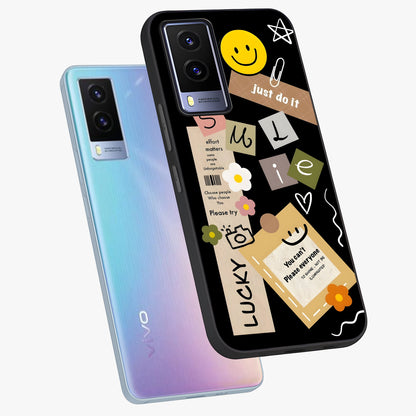 Lucky Aesthetic Collage Glass Case displayed in angled mockup highlighting stylish collage pattern with modern aesthetic vibe.