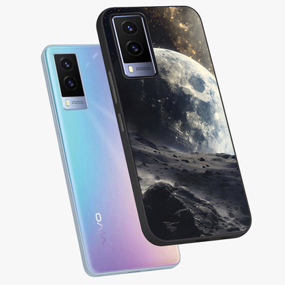 Lunar Horizon Glow Glass Case displayed in angled mockup highlighting celestial moon design with dreamy night aesthetic.