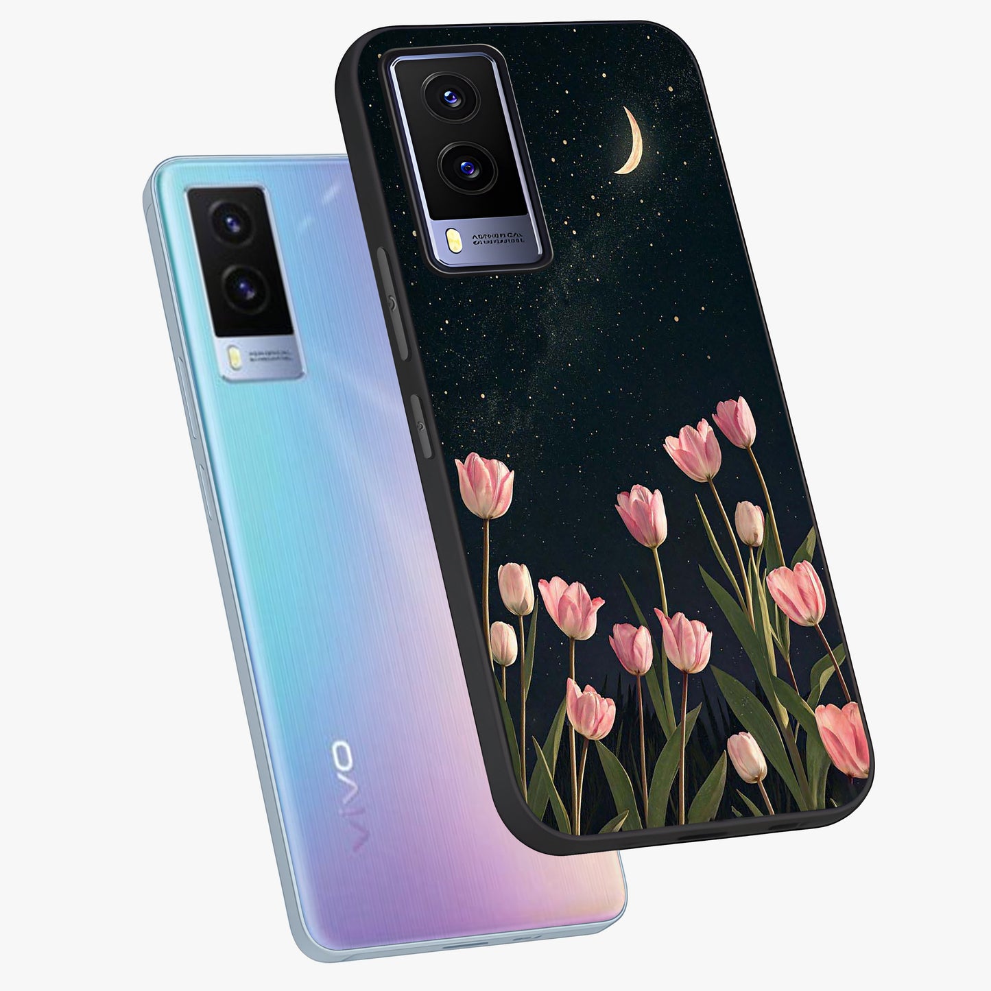 Midnight Tulip Whispers Vibe Glass Case displayed in angled mockup highlighting delicate tulip design with midnight floral aesthetic.