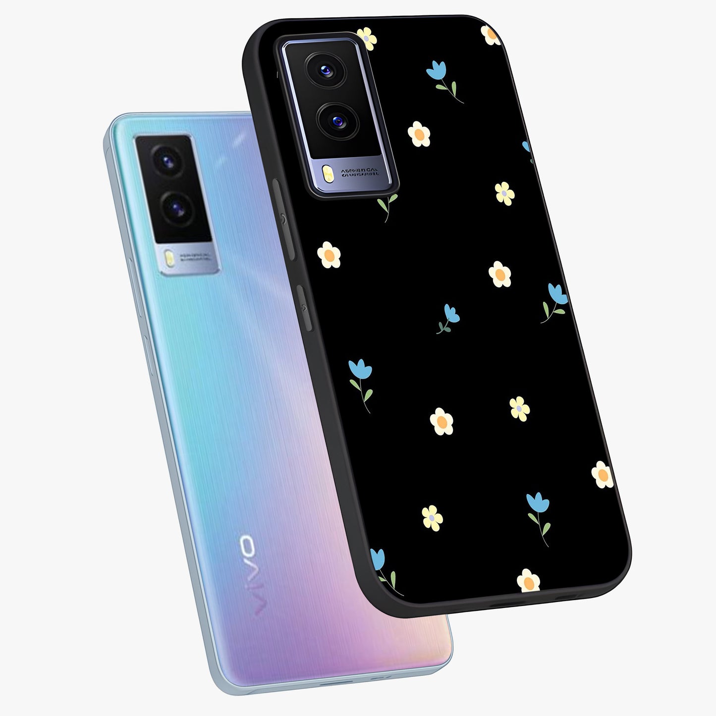 Minimalistic Blue With White Flower Pattern Glass Case displayed in angled mockup highlighting simple floral design with minimal aesthetic.