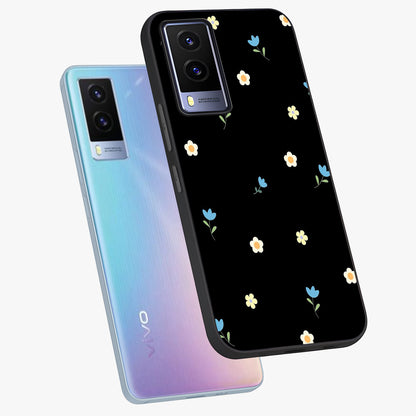Minimalistic Blue With White Flower Pattern Glass Case displayed in angled mockup highlighting simple floral design with minimal aesthetic.