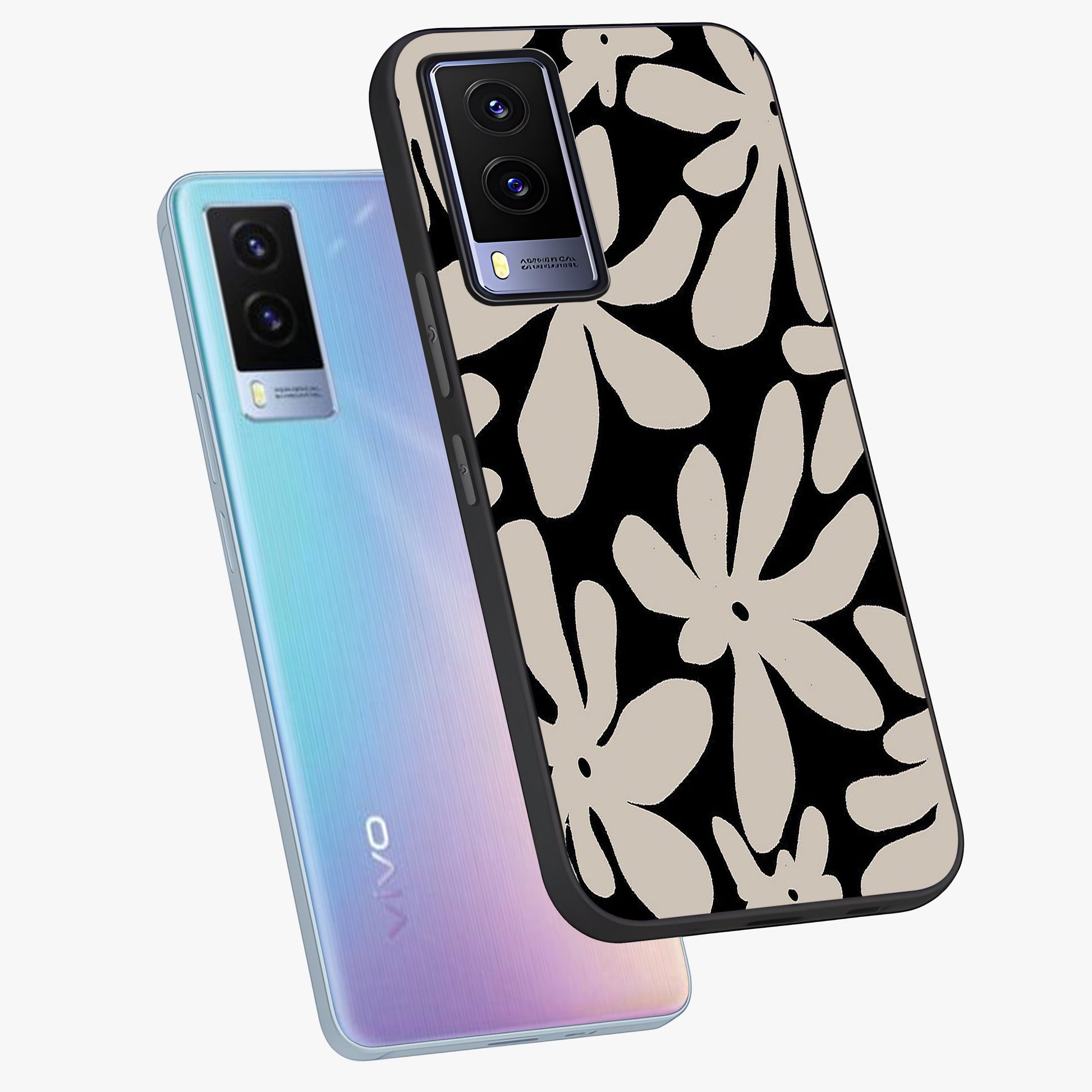 Monochrome Petal Dance Glass Case displayed in angled mockup highlighting elegant petal design with black and white aesthetic.