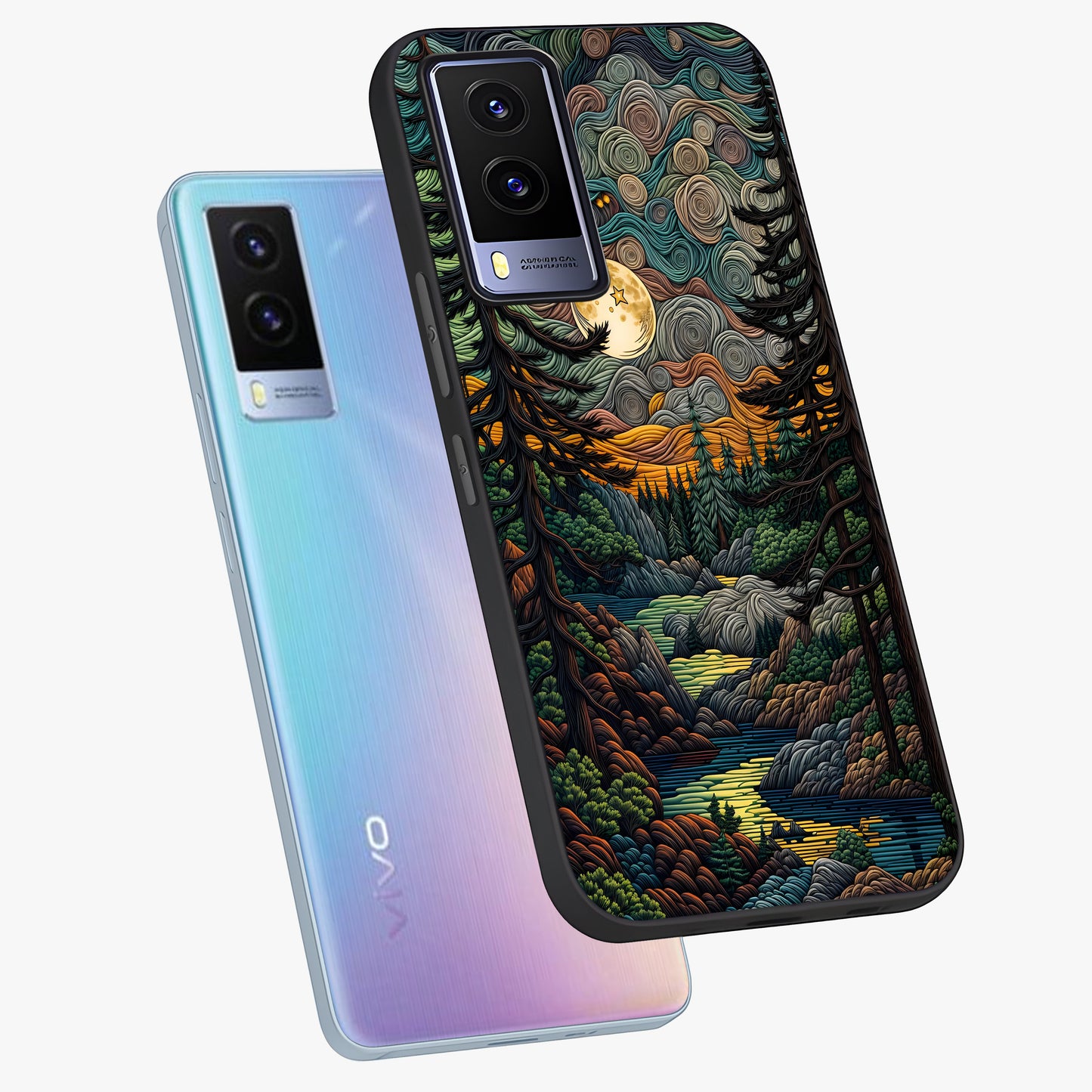 Moonlight Forest Dream Glass Case displayed in angled mockup highlighting dreamy forest design with glowing moon aesthetic.