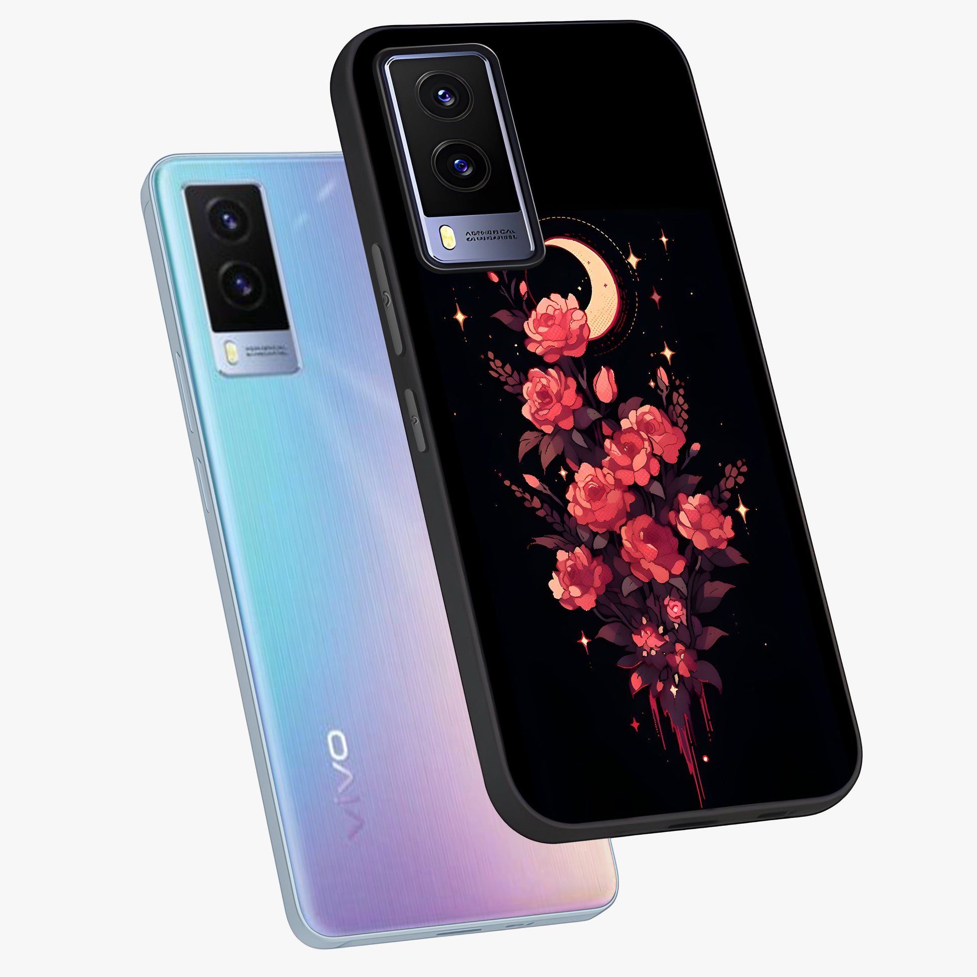 Moonlit Floral Elegance Glass Case displayed in angled mockup highlighting graceful flower design with soft moonlight aesthetic.