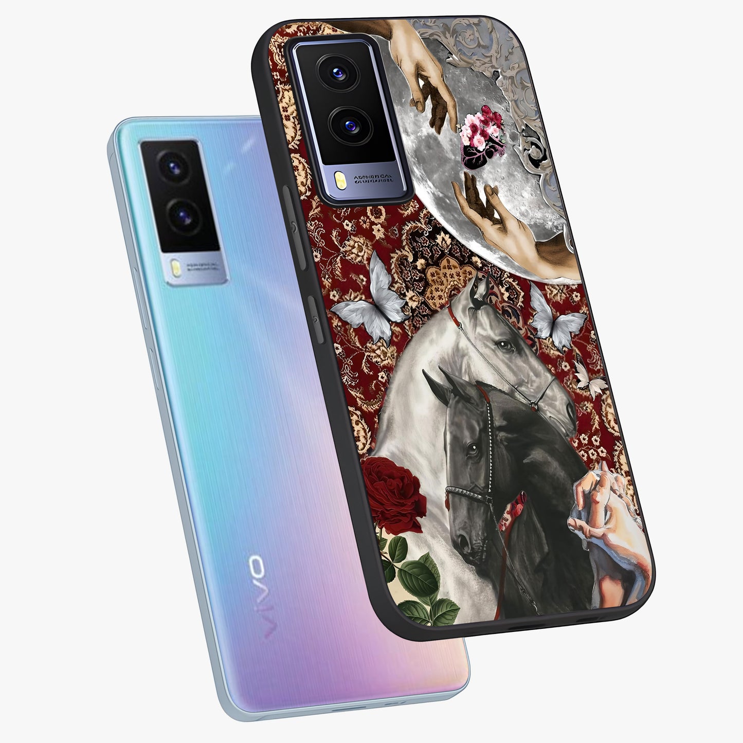 Moonlit Royal Stallion Glass Case displayed in angled mockup highlighting powerful stallion illustration with royal night aesthetic.