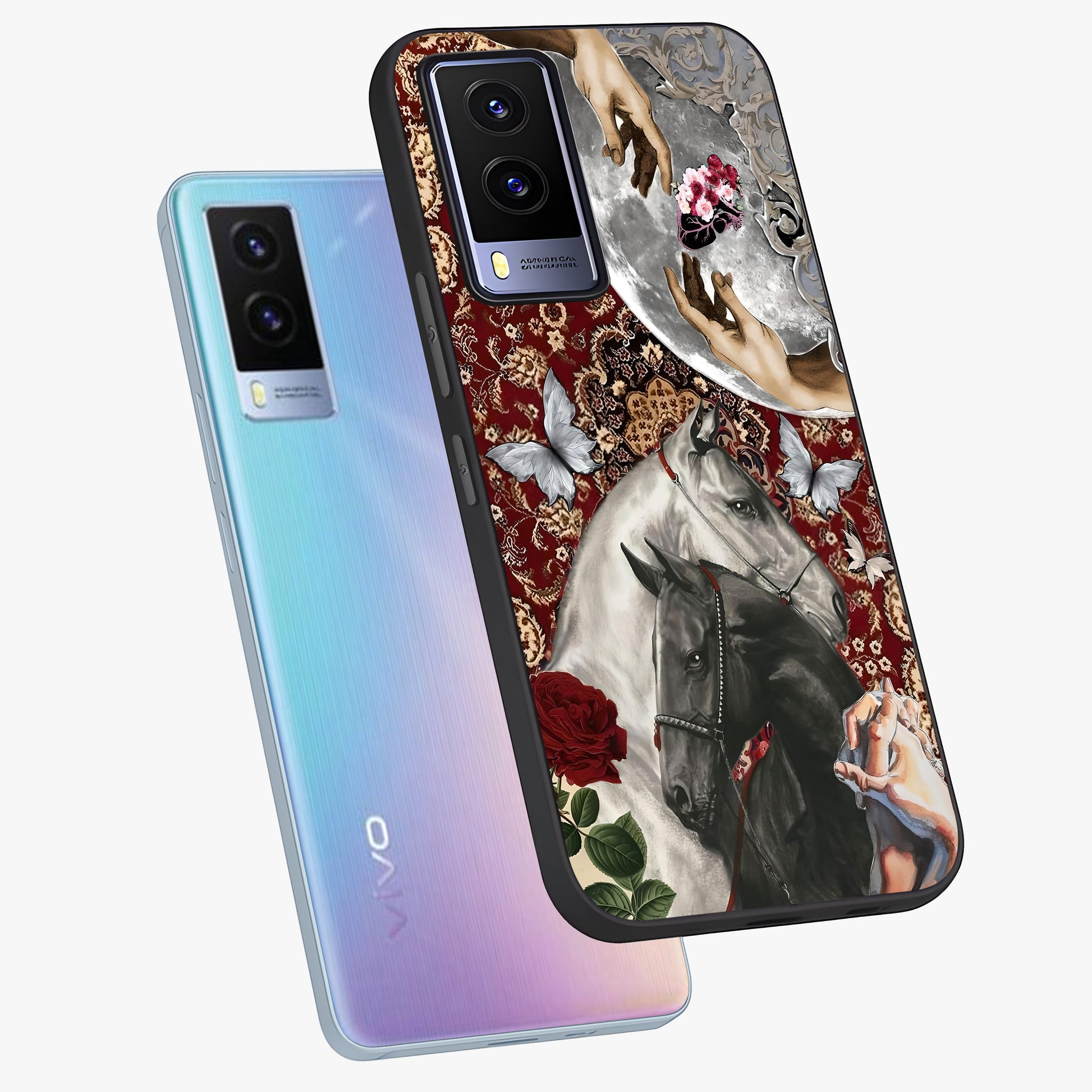 Moonlit Royal Stallion Glass Case displayed in angled mockup highlighting powerful stallion illustration with royal night aesthetic.