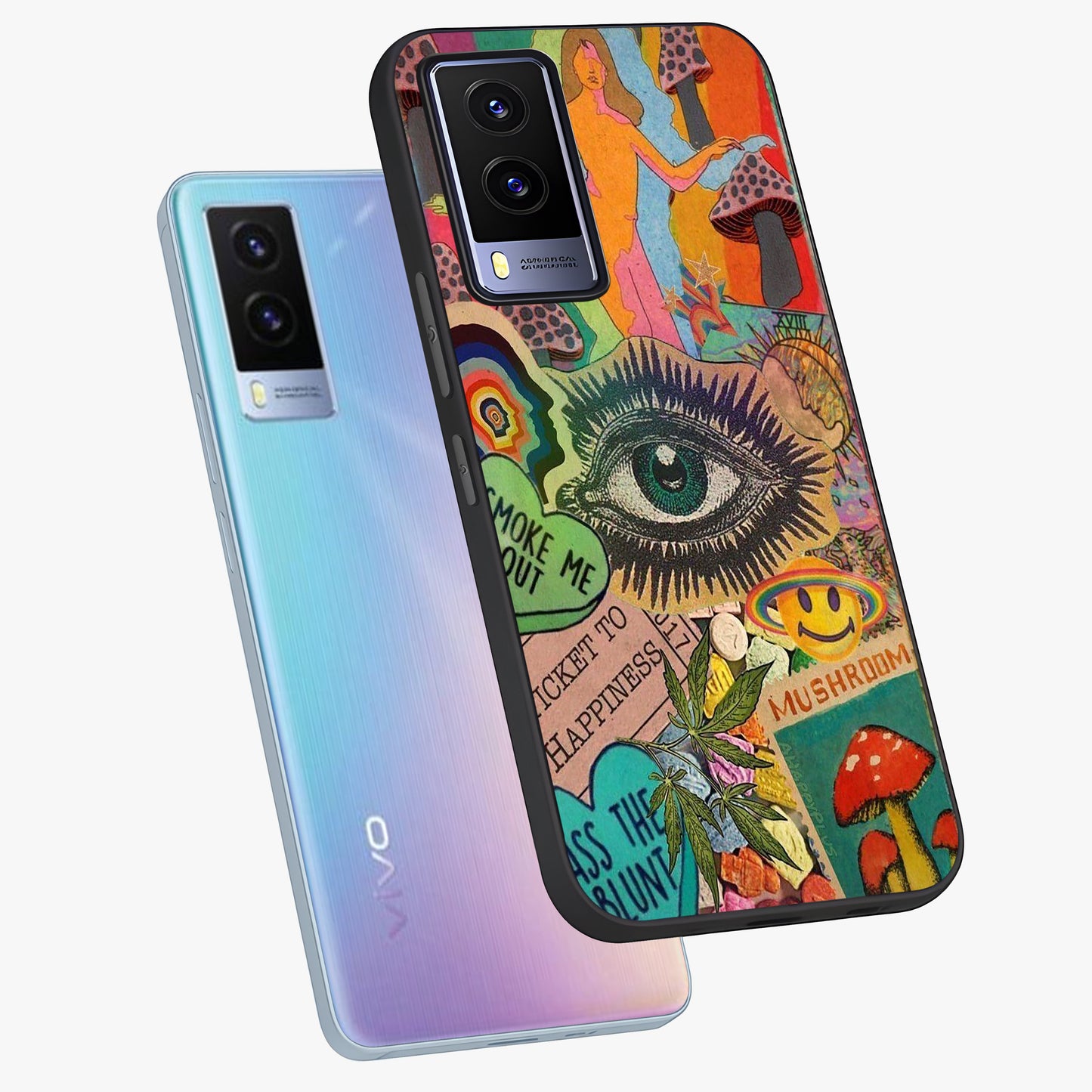 Mystic Eye Wonderland Glass Case displayed in angled mockup highlighting magical eye illustration with dreamy aesthetic.