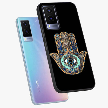 Mystic Hamsa Eye Glass Case displayed in angled mockup highlighting spiritual hamsa symbol with mystical aesthetic style.