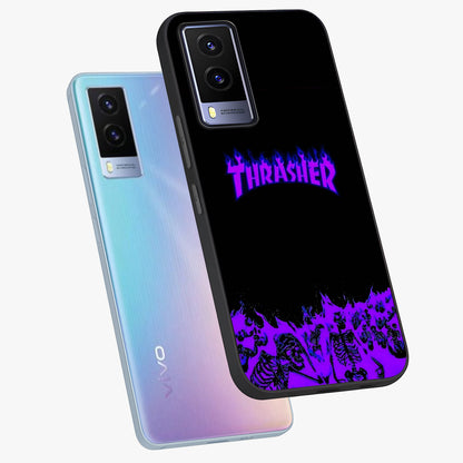 Neon Flame Riot Glass Case displayed in angled mockup highlighting glowing flame design with vibrant neon aesthetic.