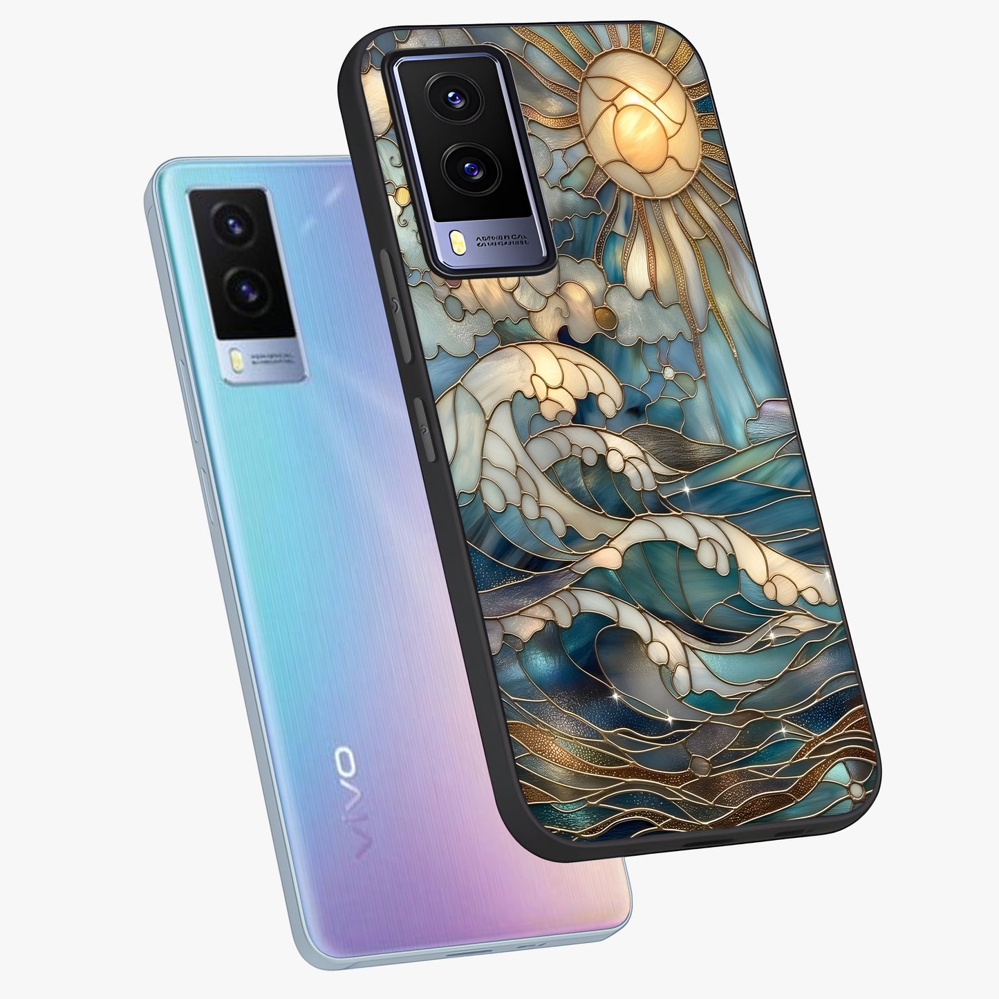 Oceanic Stained Printed Glass Case displayed in angled mockup highlighting colorful aquatic design with artistic aesthetic style.