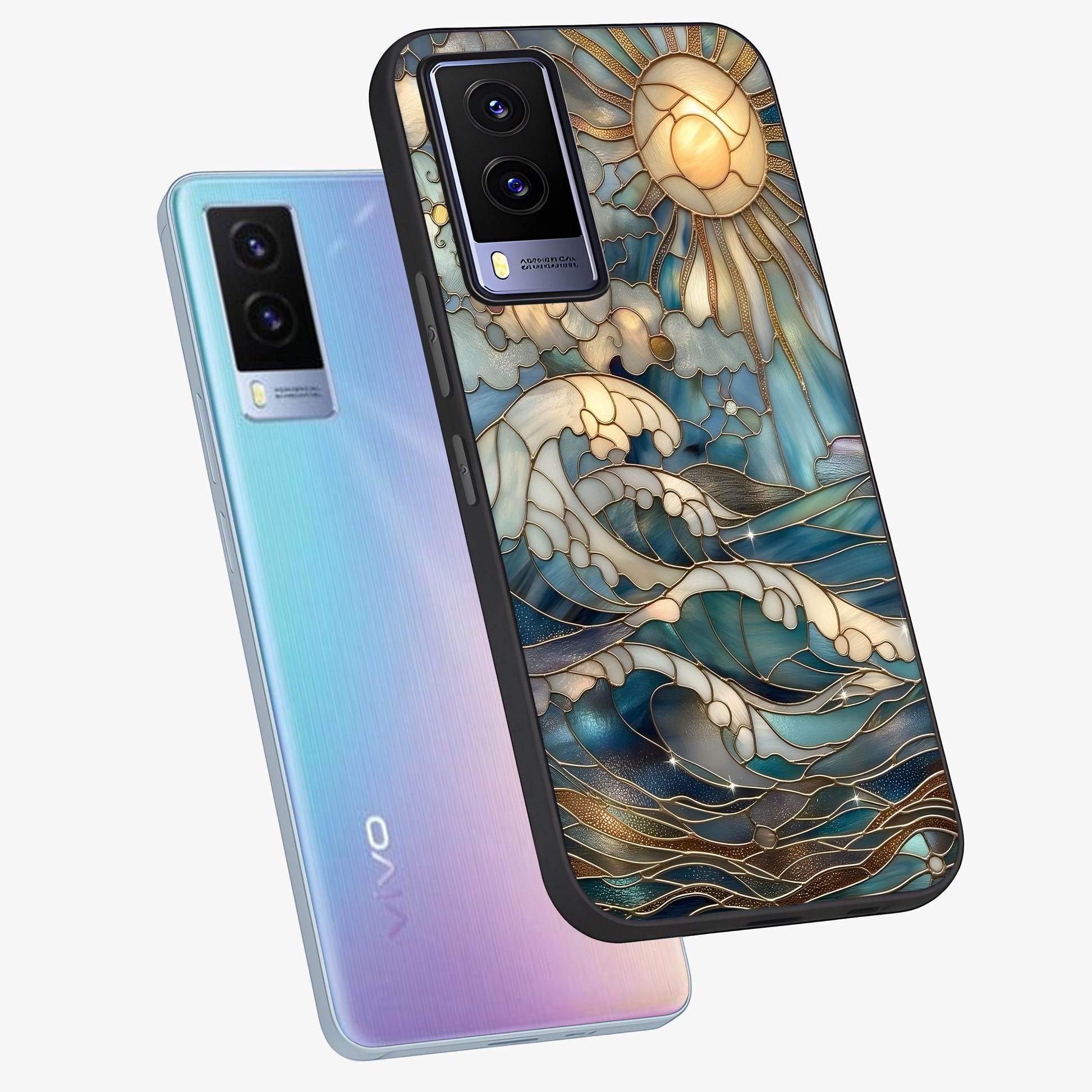 Oceanic Stained Printed Glass Case displayed in angled mockup highlighting colorful aquatic design with artistic aesthetic style.