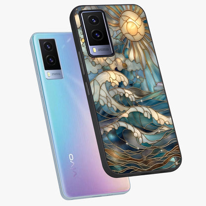 Oceanic Stained Printed Glass Case displayed in angled mockup highlighting colorful aquatic design with artistic aesthetic style.