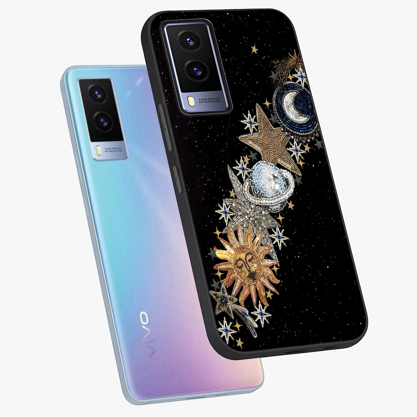 Pearls Universe Object Glass Case displayed in angled mockup highlighting celestial pearl design with dreamy aesthetic.