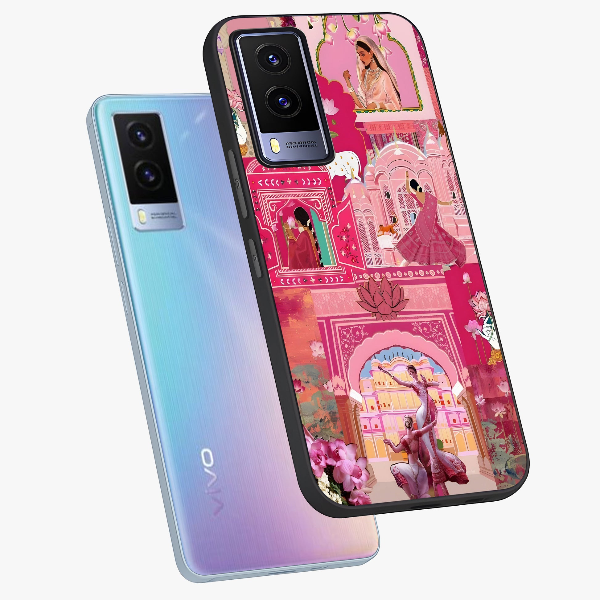 Pink Palace Muse Glass Case displayed in angled mockup highlighting dreamy palace illustration with soft pink aesthetic.