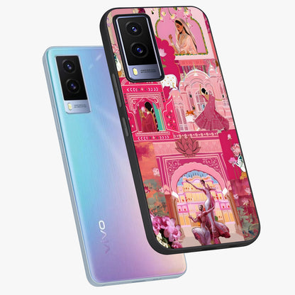 Pink Palace Muse Glass Case displayed in angled mockup highlighting dreamy palace illustration with soft pink aesthetic.