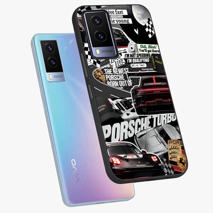Porsche Racing Collage Glass Case displayed in angled mockup highlighting dynamic automotive design with bold racing aesthetic.