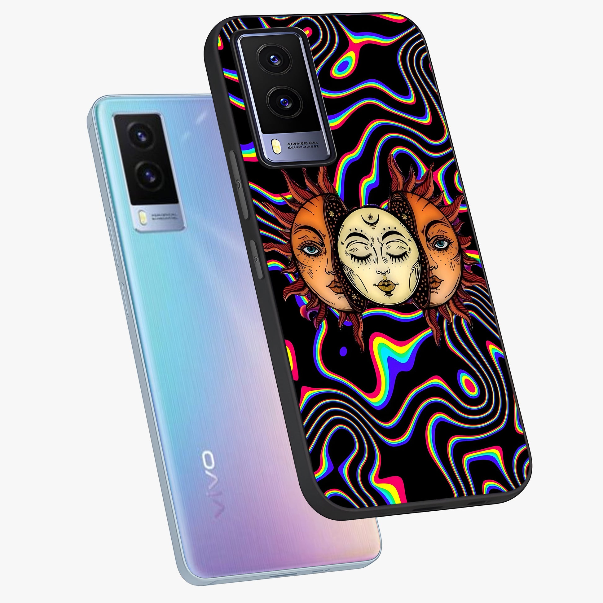 Psychedelic Sun Glass Case displayed in angled mockup highlighting vibrant abstract sun design with artistic aesthetic style.