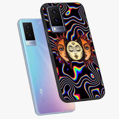 Psychedelic Sun Glass Case displayed in angled mockup highlighting vibrant abstract sun design with artistic aesthetic style.