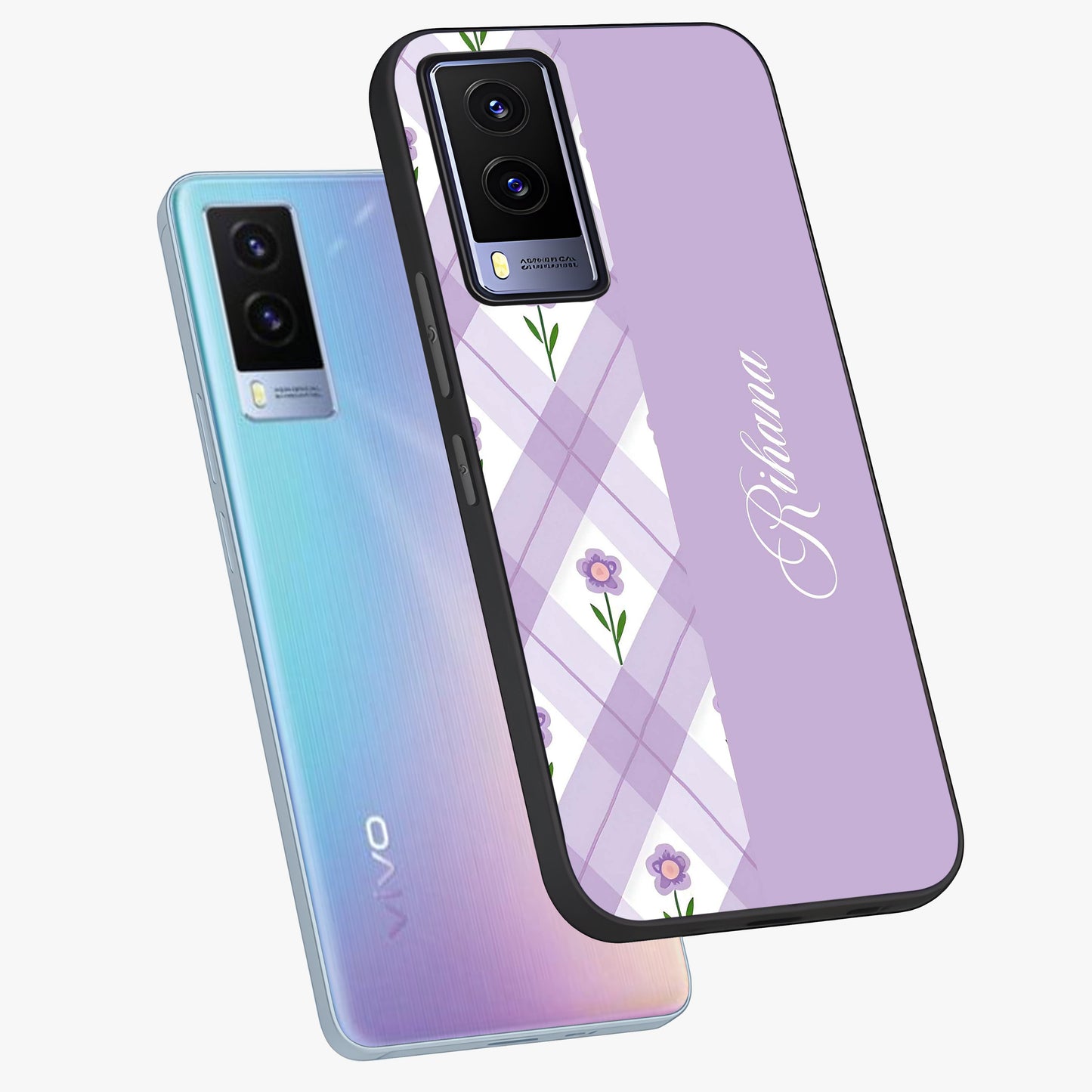 Purple Diamond Floral Glass Case displayed in angled mockup highlighting elegant purple flower design with decorative pattern.