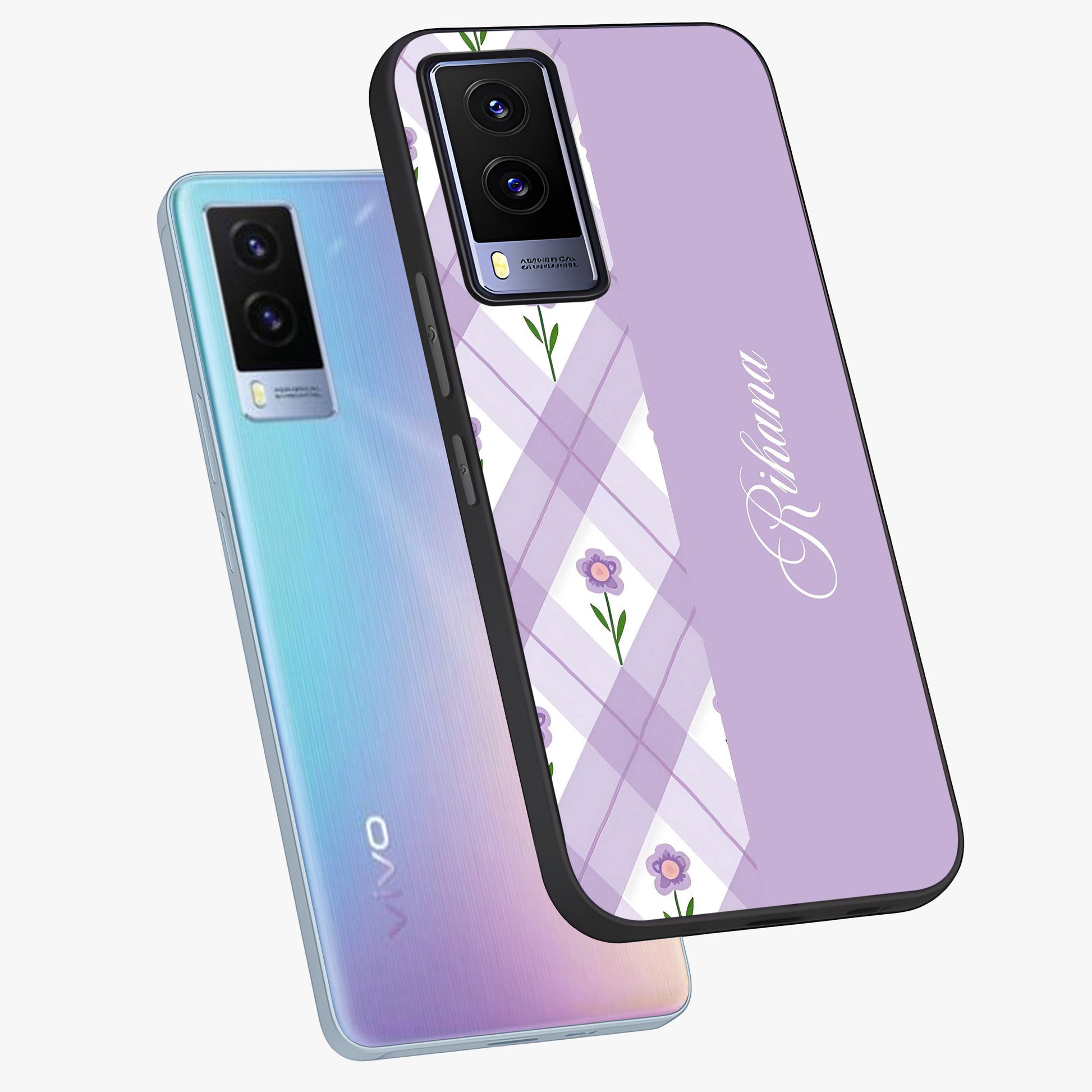 Purple Diamond Floral Glass Case displayed in angled mockup highlighting elegant purple flower design with decorative pattern.