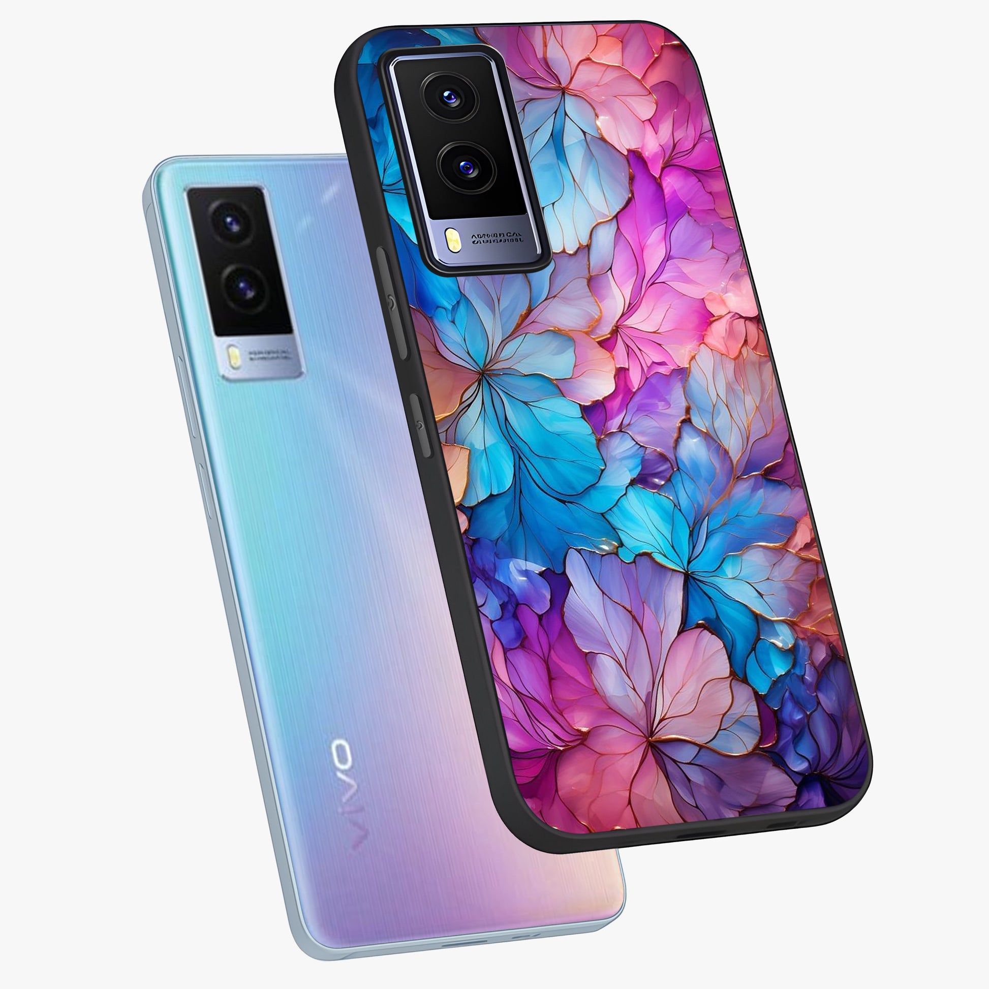 Radiant Floral Whirl Glass Case displayed in angled mockup highlighting vibrant flower pattern with dynamic artistic aesthetic.
