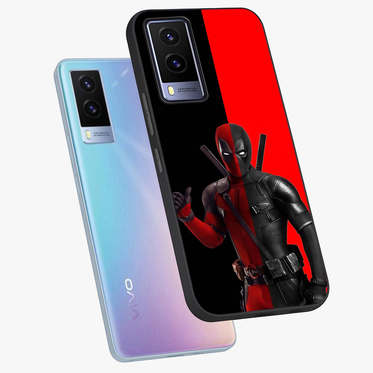 Red & Black Deadpool Theme Glass Case displayed in angled mockup highlighting vibrant superhero style illustration with action aesthetic.