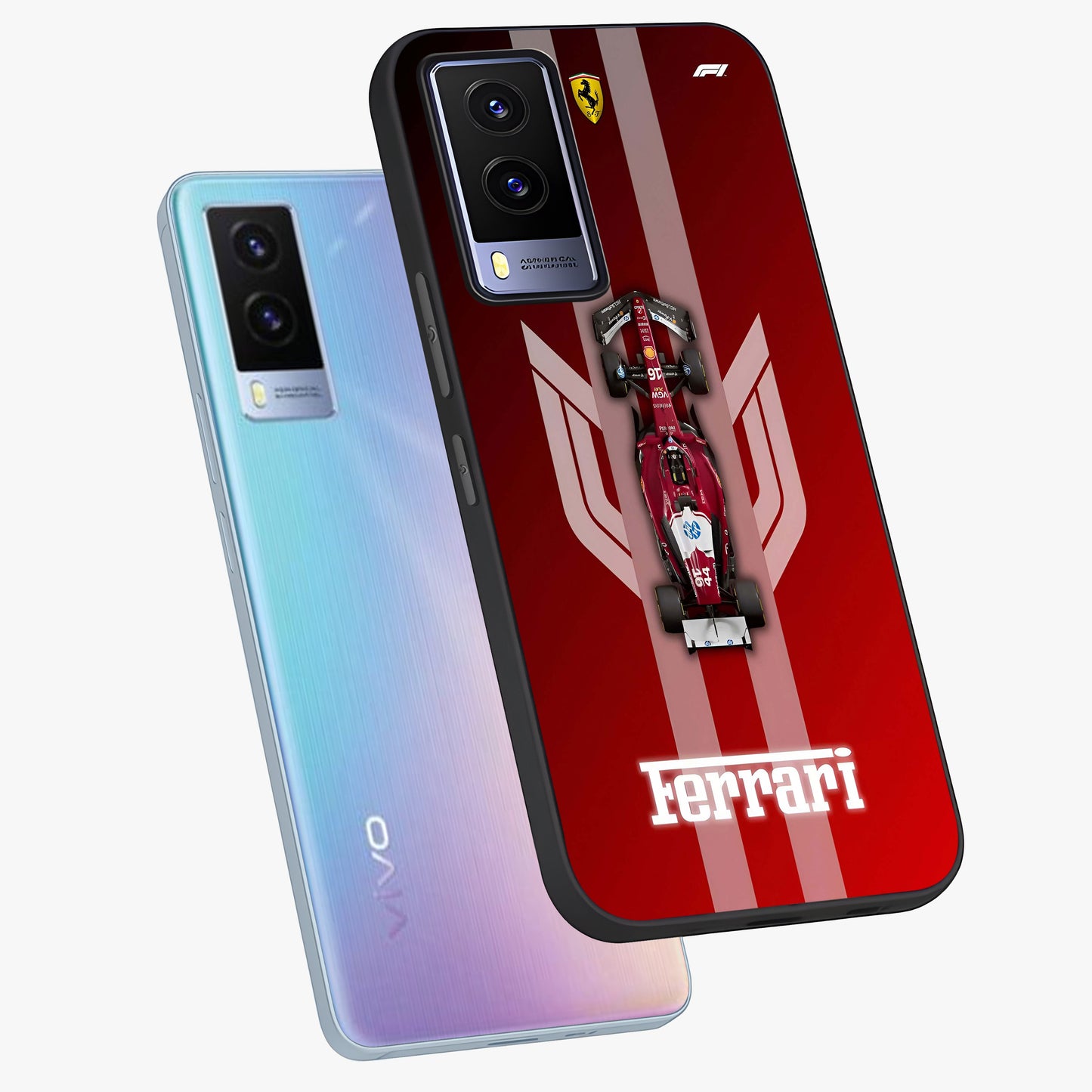 Red Ferrari F1 Vertical Glass Case displayed in angled mockup highlighting high speed racing design with bold automotive aesthetic.