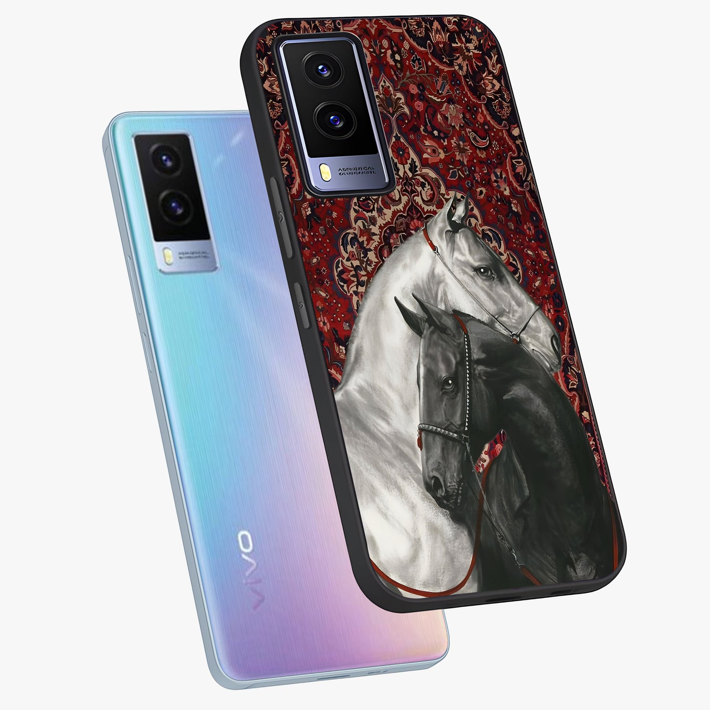 Regal Stallion Tapestry Glass Case displayed in angled mockup highlighting royal stallion design with decorative heritage aesthetic.