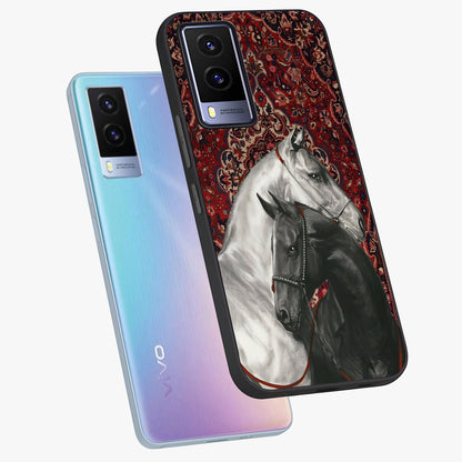 Regal Stallion Tapestry Glass Case displayed in angled mockup highlighting royal stallion design with decorative heritage aesthetic.