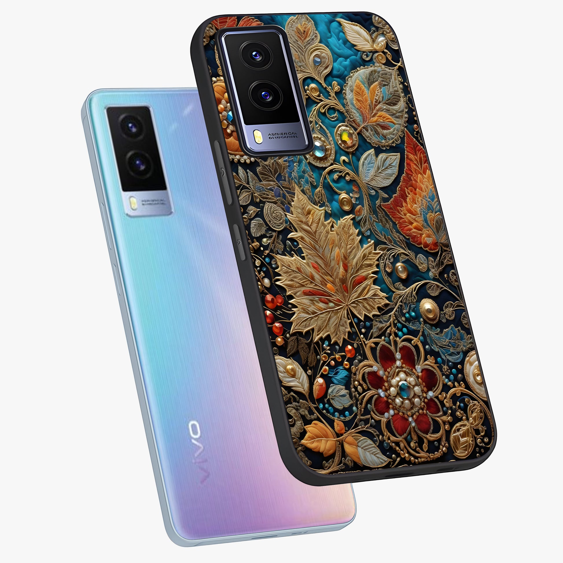 Royal Jewel Garden Glass Case displayed in angled mockup highlighting vibrant jewel inspired floral design with elegant aesthetic.