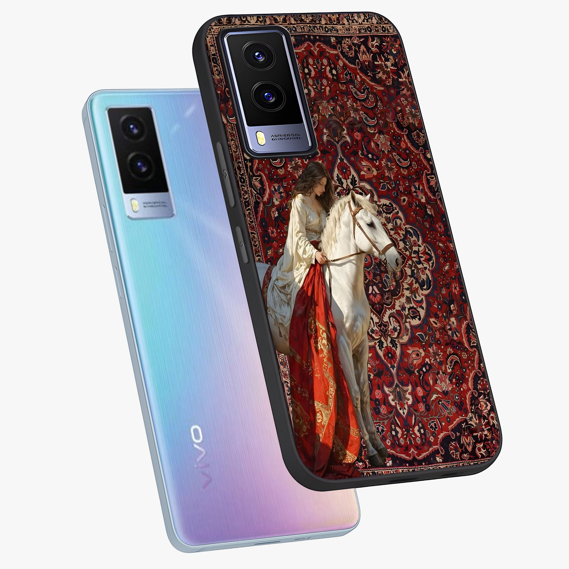 Royal Rider Tapestry Glass Case displayed in angled mockup highlighting traditional tapestry design with royal heritage aesthetic.