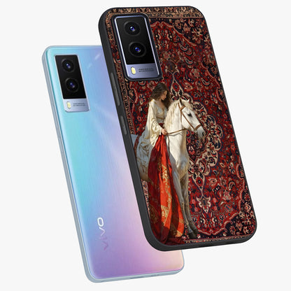 Royal Rider Tapestry Glass Case displayed in angled mockup highlighting traditional tapestry design with royal heritage aesthetic.