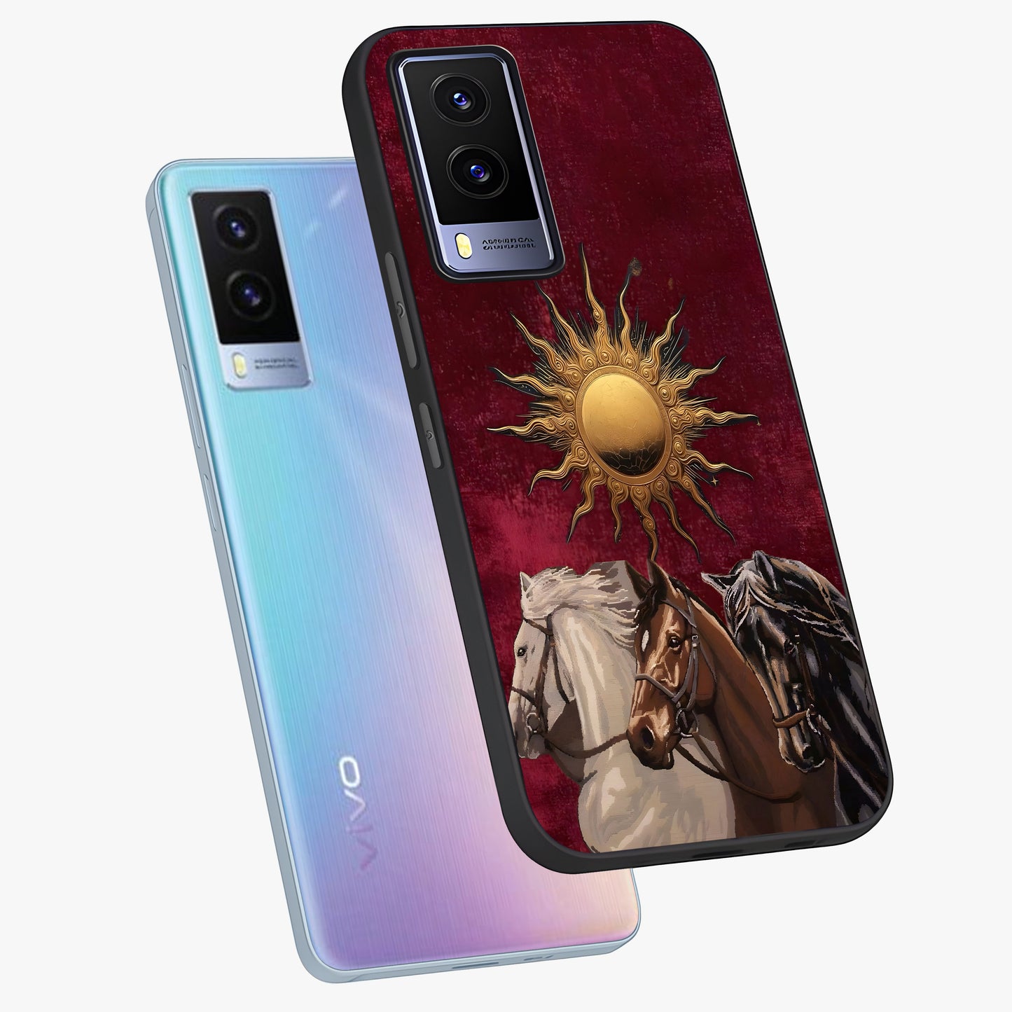 Solar Riders Glass Case displayed in angled mockup highlighting powerful rider illustration with radiant solar aesthetic.