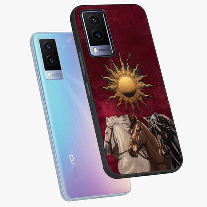 Solar Riders Glass Case displayed in angled mockup highlighting powerful rider illustration with radiant solar aesthetic.