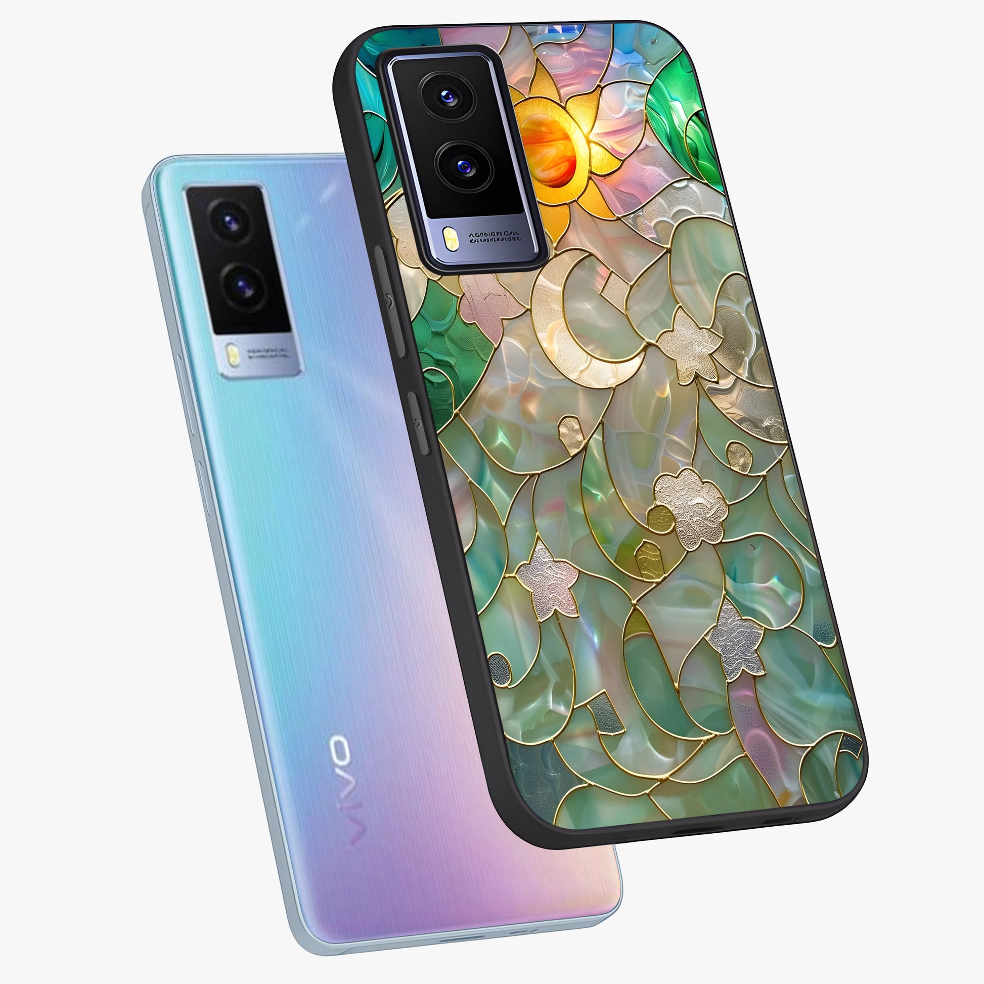 Stained Sunrise Glow Glass Case displayed in angled mockup highlighting radiant sunrise design with artistic aesthetic style.