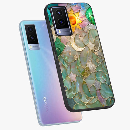 Stained Sunrise Glow Glass Case displayed in angled mockup highlighting radiant sunrise design with artistic aesthetic style.
