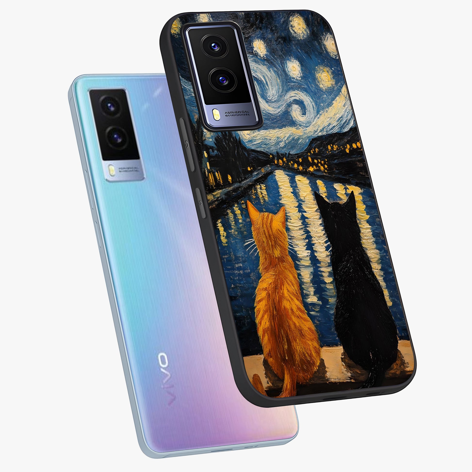 Starry River Cats Glass Case displayed in angled mockup highlighting charming feline illustration with dreamy night aesthetic.