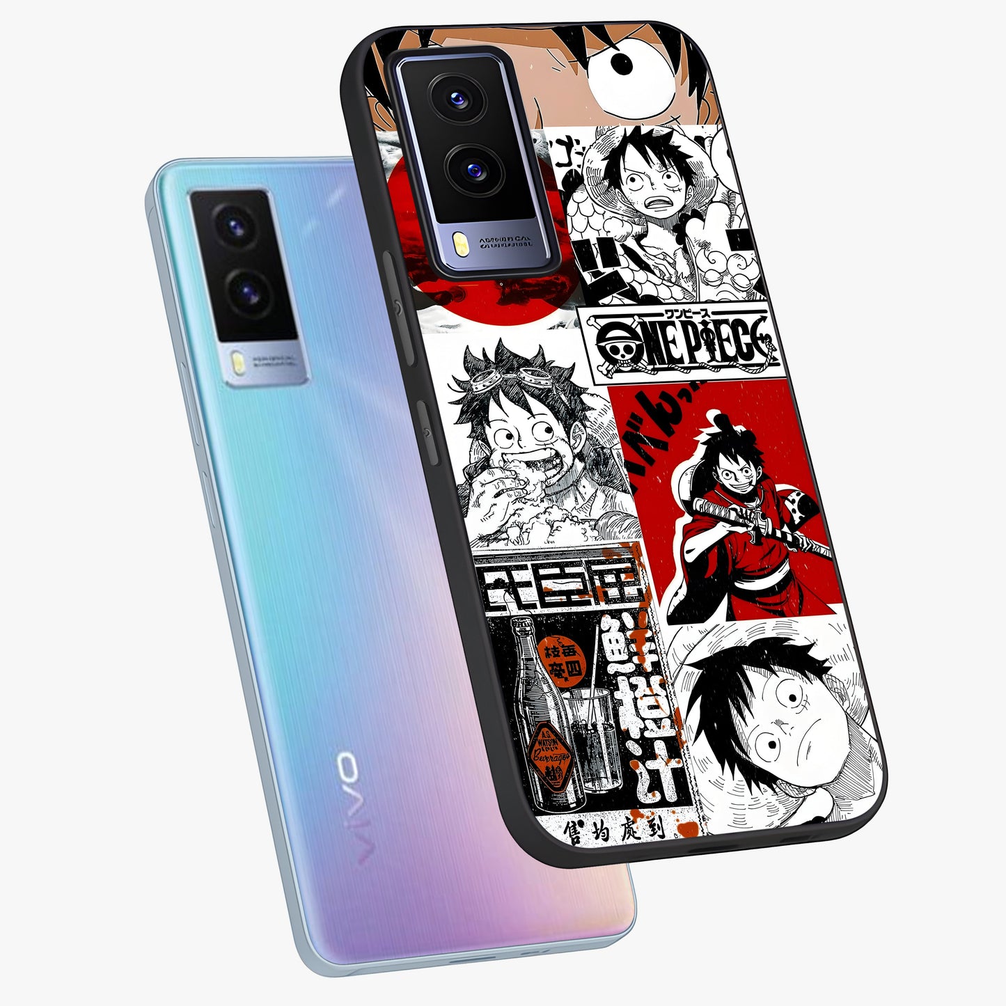 Strawhat Chaos Panels Glass Case displayed in angled mockup highlighting vibrant anime collage design with action aesthetic.