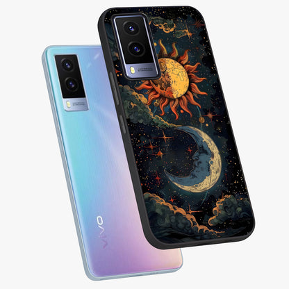 Sun And Moon Magic Design Glass Case displayed in angled mockup highlighting celestial design with magical cosmic aesthetic.