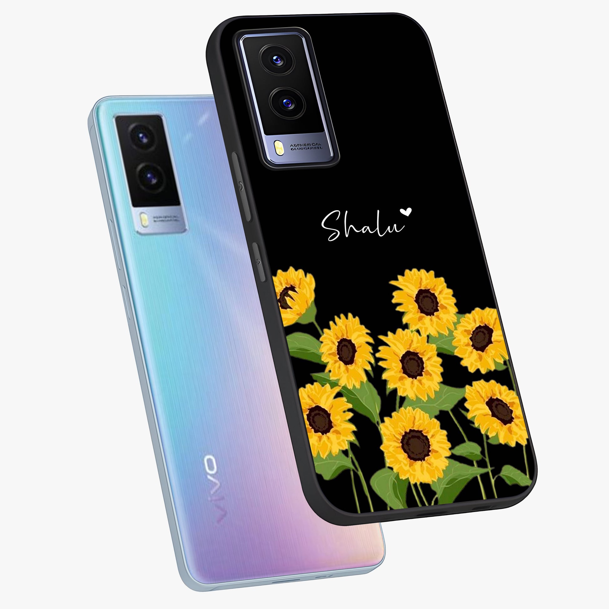 Sunflower Chic Mood Custom Name Glass Case displayed in angled mockup highlighting vibrant sunflower design with custom name feature.