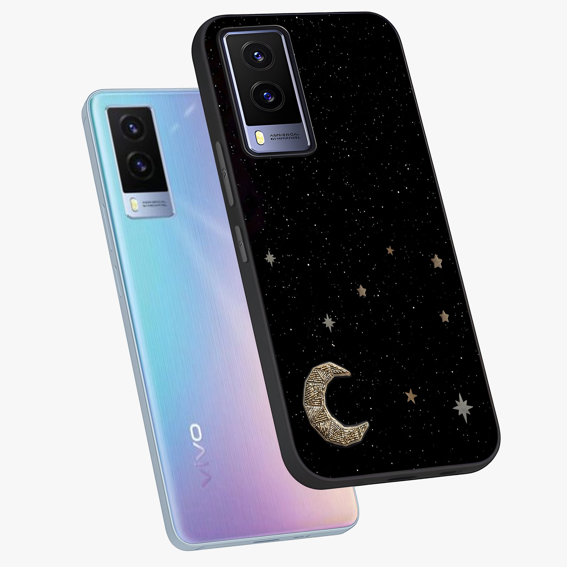 Twinkle Star With Half Moon Glass Case displayed in angled mockup highlighting celestial moon and star design with magical aesthetic.